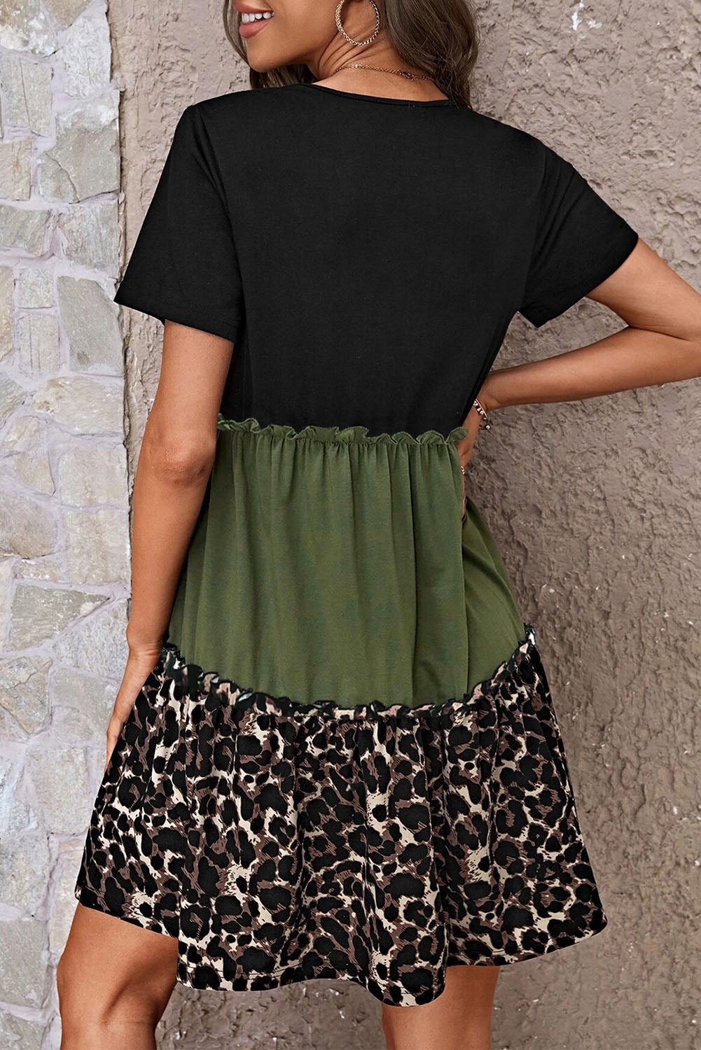 Leopard Print Colour Block Frill Trim T-shirt Dress