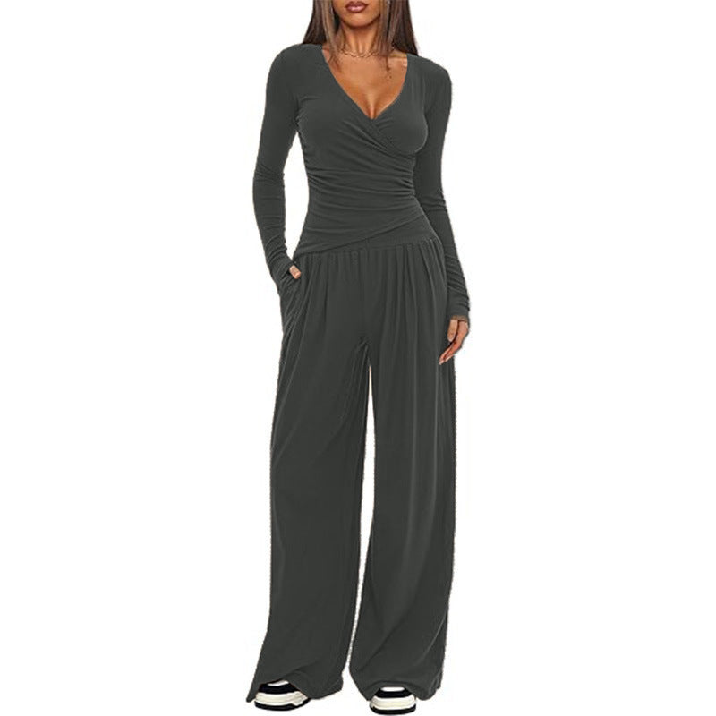 Cross-body Loose Wide-leg Casual Top & Pants Set