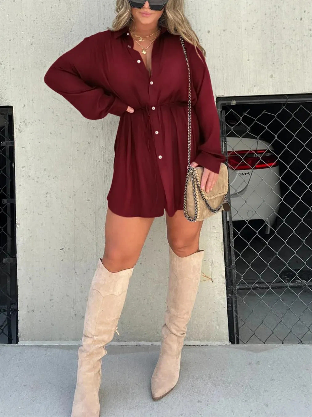 Long Sleeve Shirt Dress with Shorts