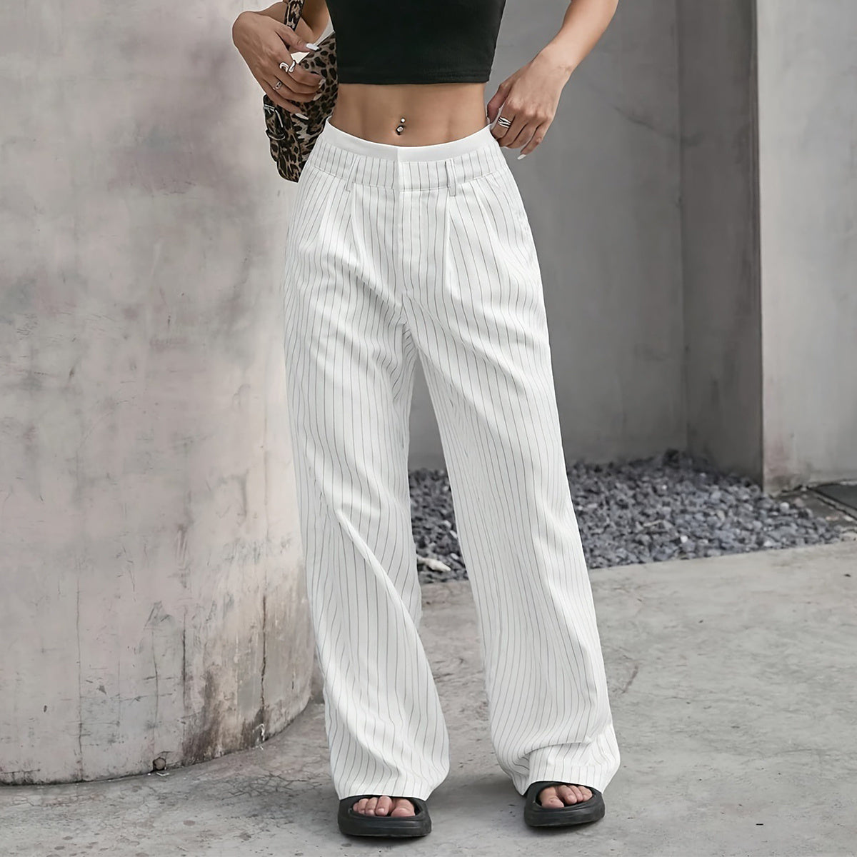 Pinstriped High Waist Straight Leg Trousers