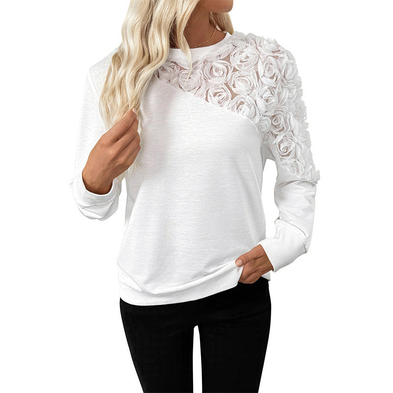White Rose Three-dimensional Decorative Long Sleeve Top