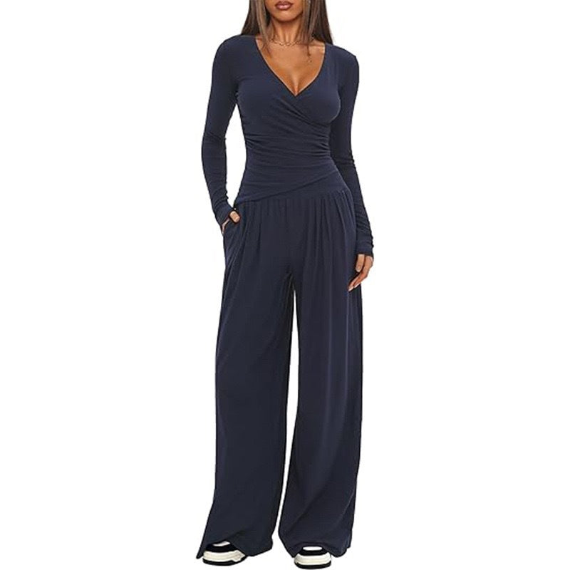 Cross-body Loose Wide-leg Casual Top & Pants Set