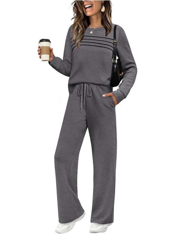 Casual Rib Pattern Top & Wide-leg Pants Set