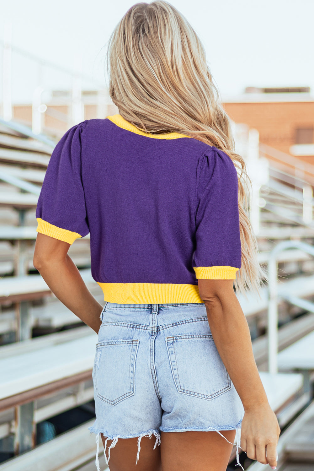 Sequin Rugby Colour Block Puff Short Sleeve Sweater