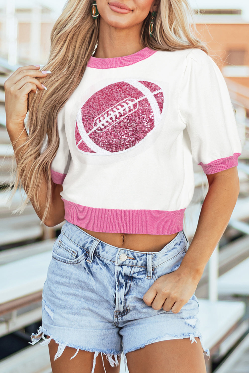Sequin Rugby Colour Block Puff Short Sleeve Sweater
