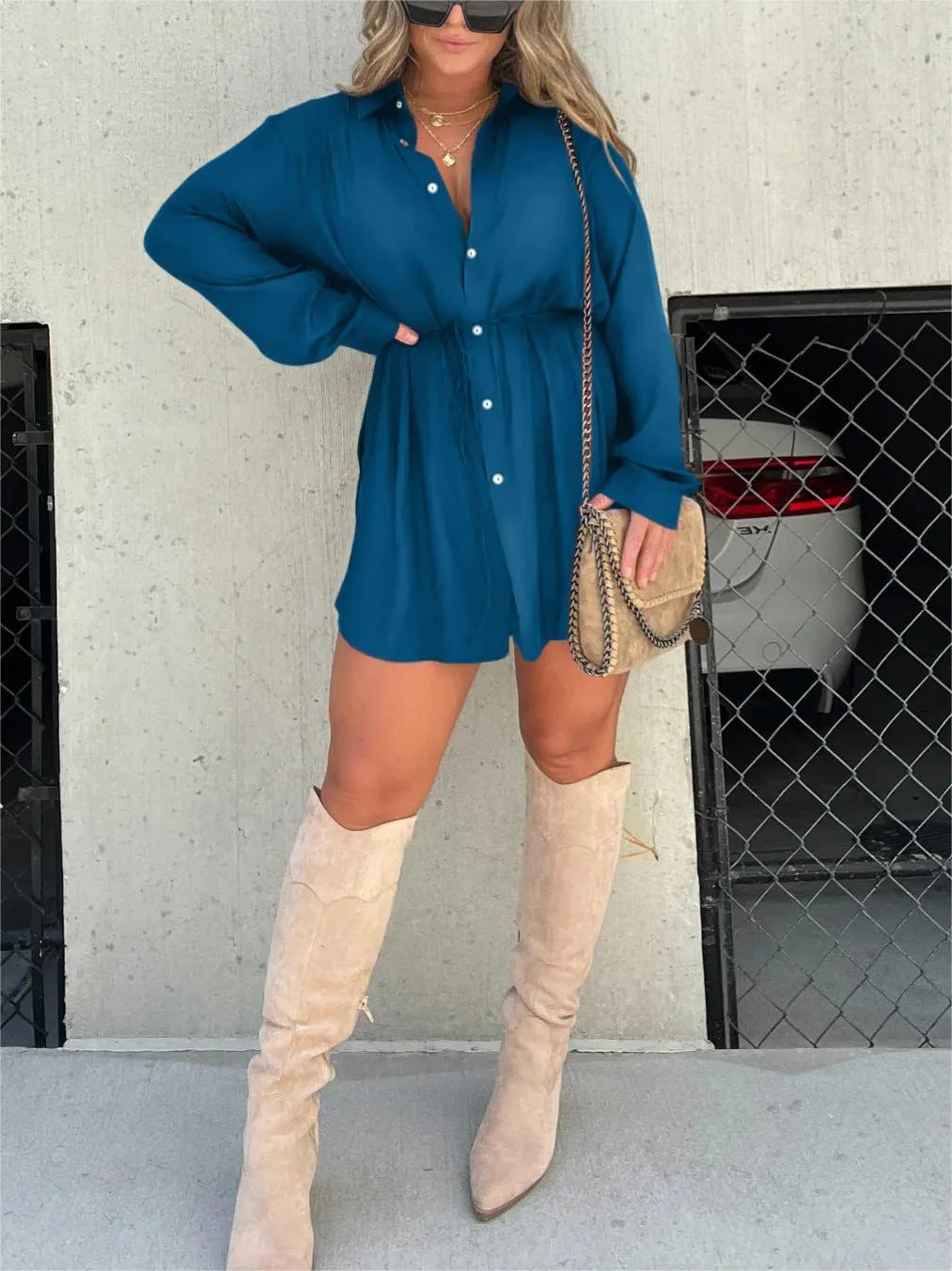 Long Sleeve Shirt Dress with Shorts