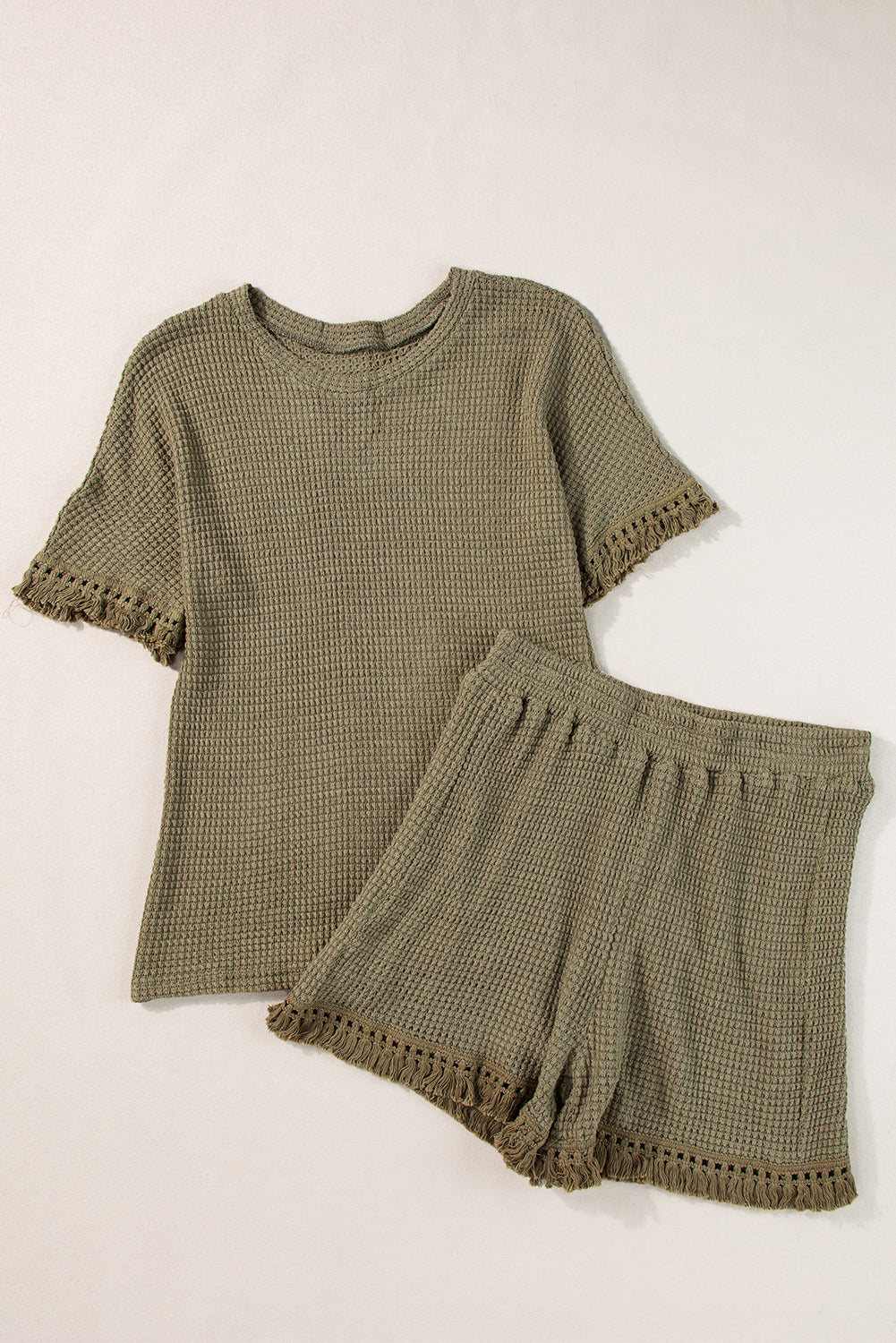 Fringe Trim Textured Short Two Piece Set