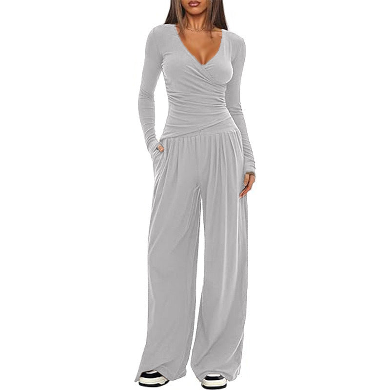 Cross-body Loose Wide-leg Casual Top & Pants Set
