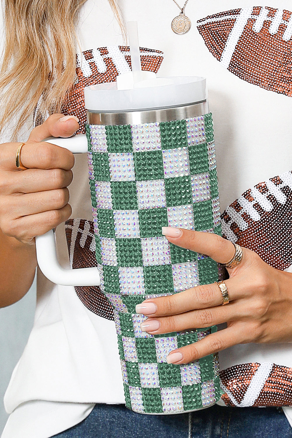 Full Rhinestone Checkerboard Handled Tumbler 40oz