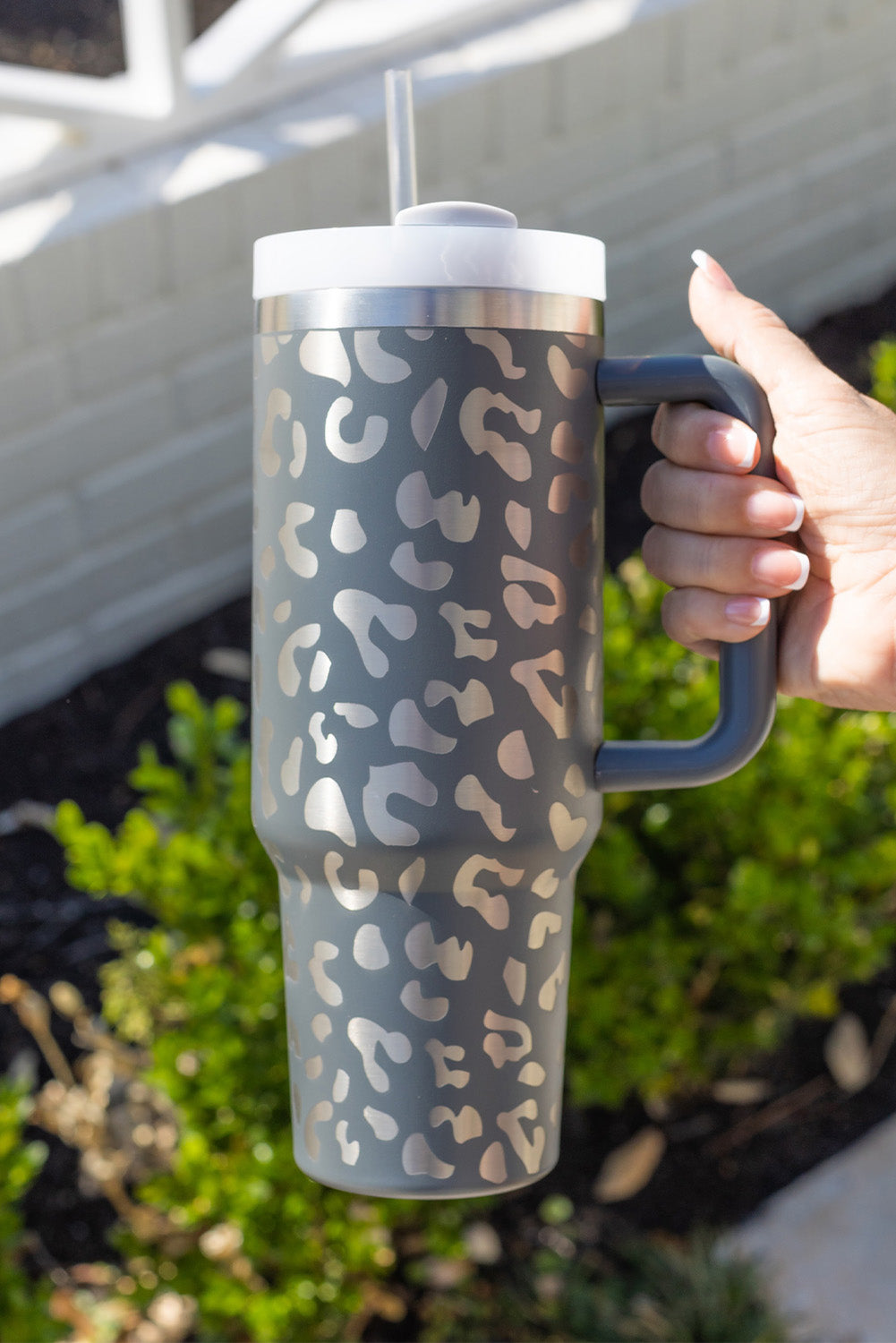 Grey Leopard Print 40OZ Stainless Steel Portable Cup with Handle