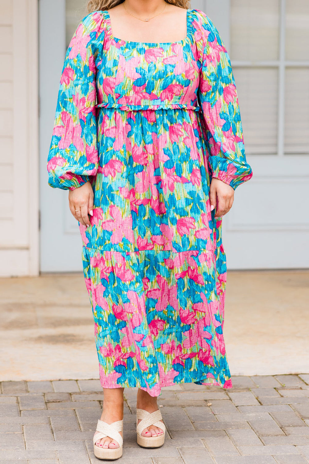 Curve Sky Blue Floral Allover Print Shirred Square Neck Maxi Dress