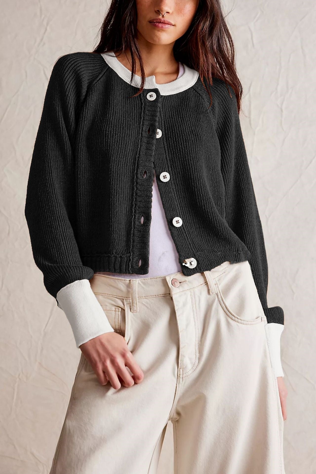 Contrast Colour Round Neck Cardigan