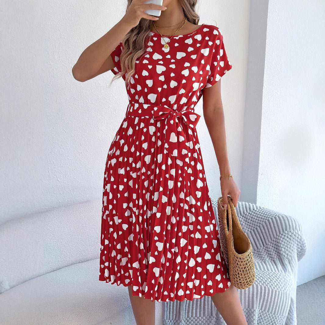 Love Heart Short Sleeve Waist-controlled Pleated Dress
