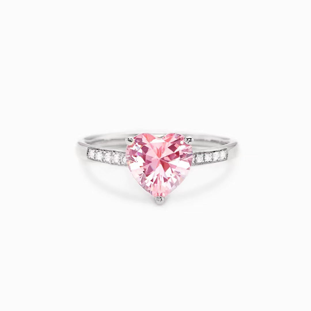 S925 Sterling Silver Pink Heart Adjustable Ring & Earrings