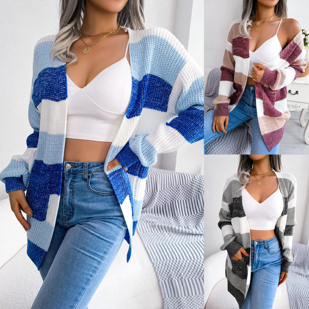 Striped Casual Lantern Sleeves Cardigan
