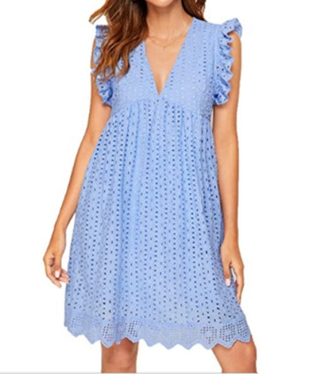 Sleeveless Jacquard Cutout V-Neck Summer Dress with Pockets