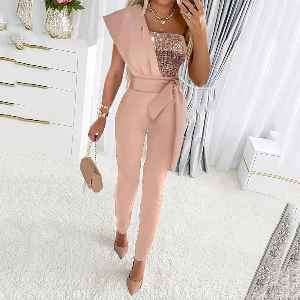 Slim-fitting Sequin Jumpsuit with Sash