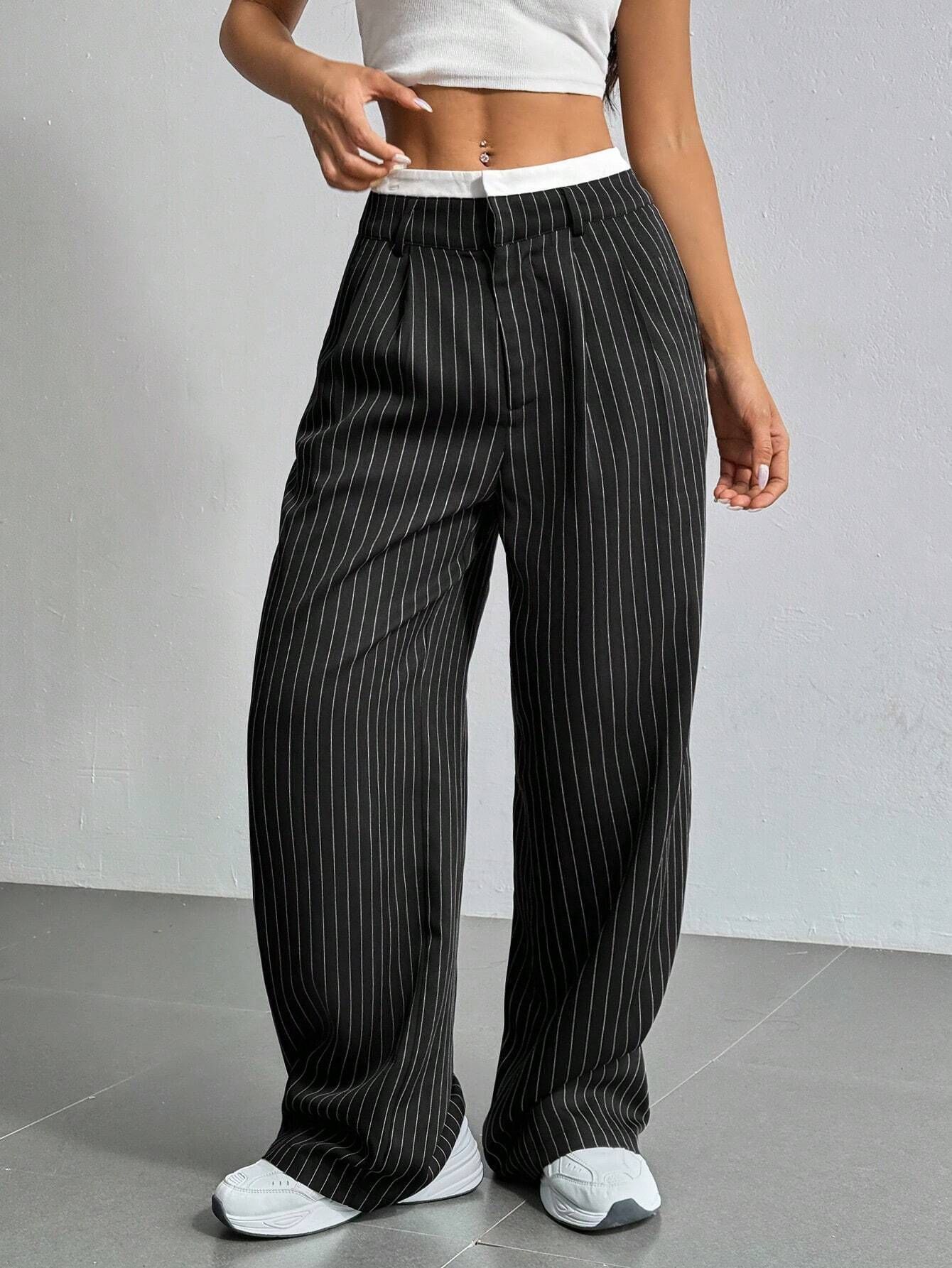 Pinstriped High Waist Straight Leg Trousers