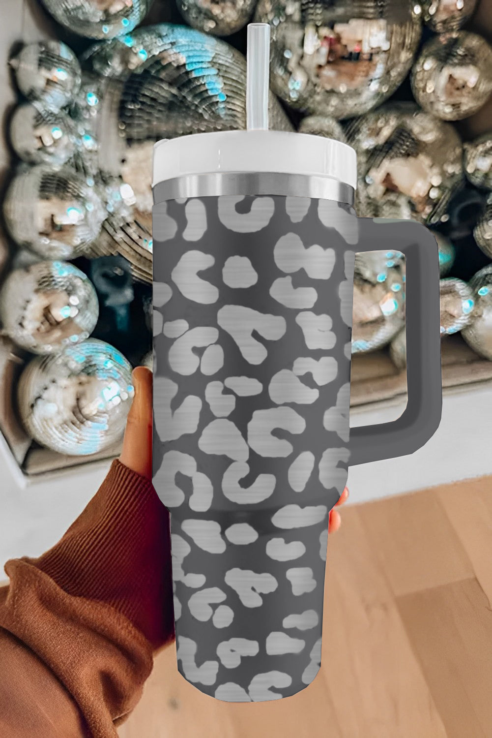 Grey Leopard Print 40OZ Stainless Steel Portable Cup with Handle