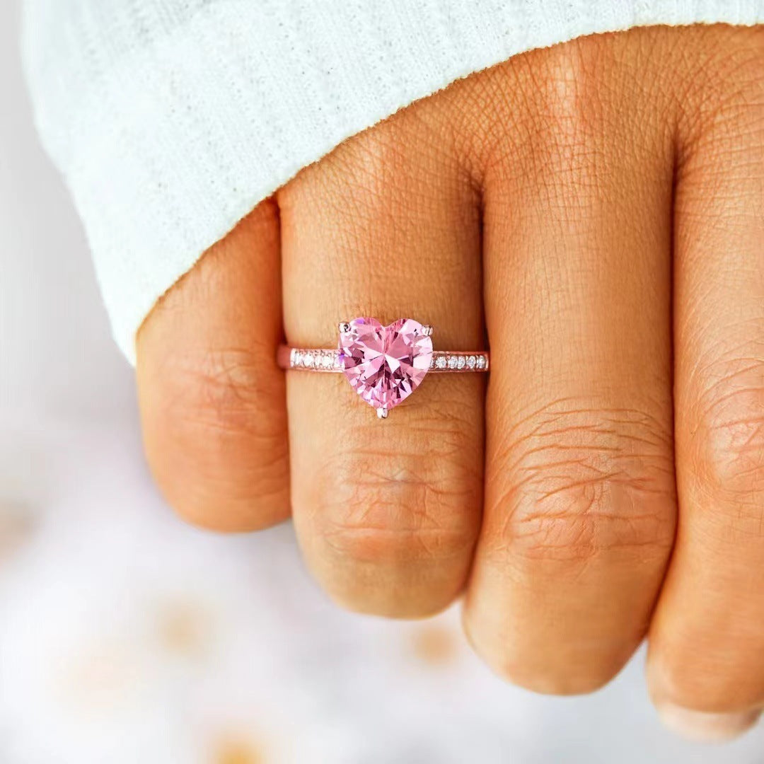 S925 Sterling Silver Pink Heart Adjustable Ring & Earrings