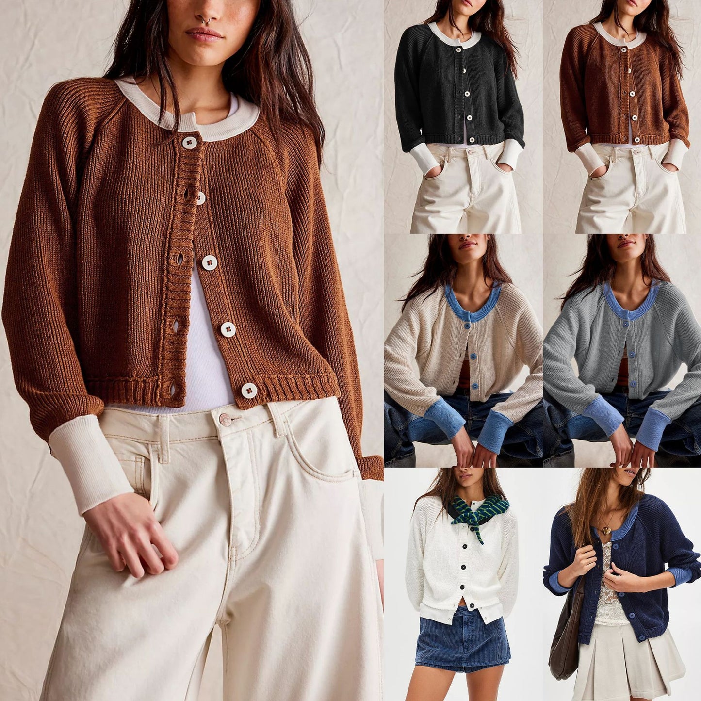 Contrast Colour Round Neck Cardigan