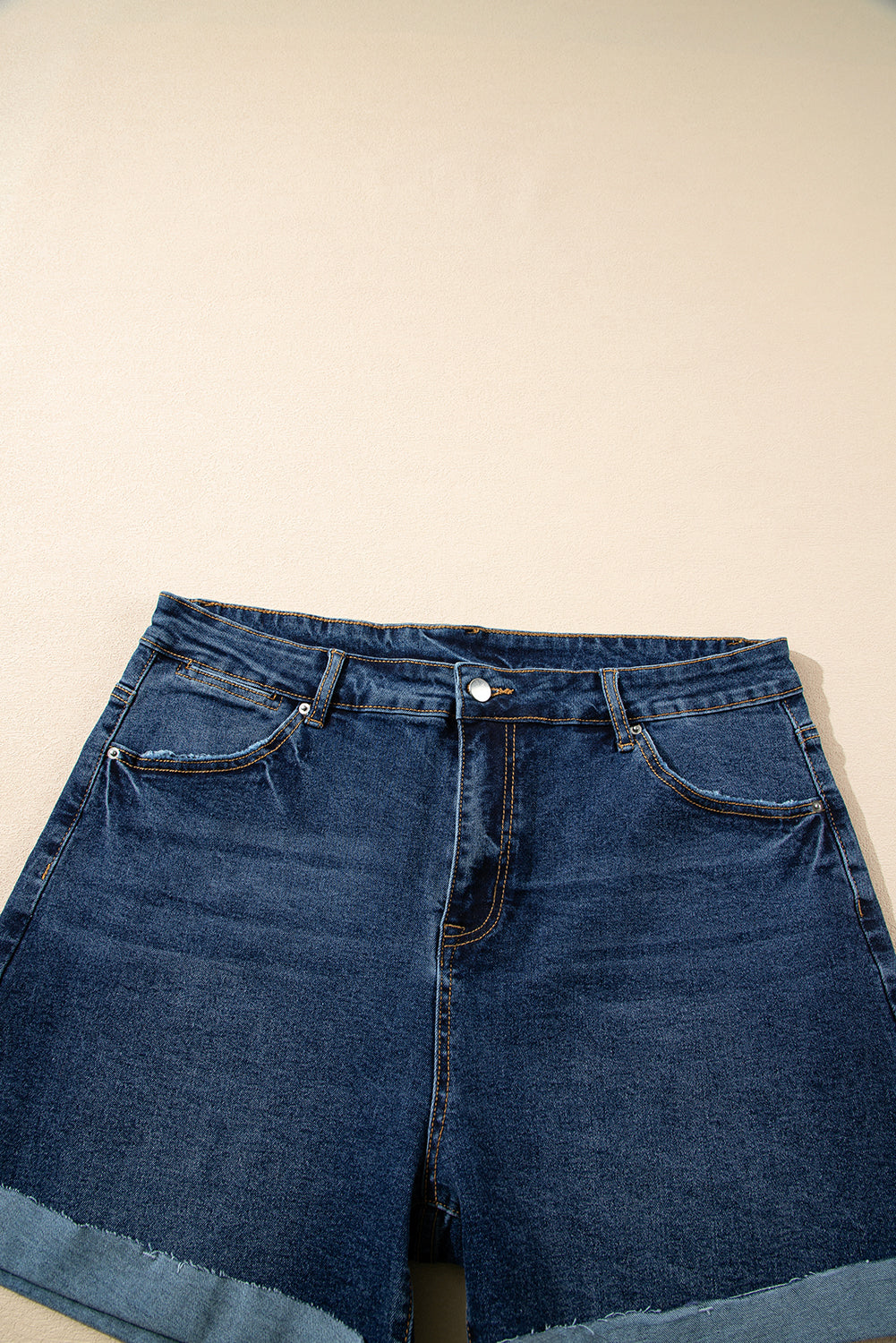 Curve Sail Blue Folded Edge High Waist Denim Shorts