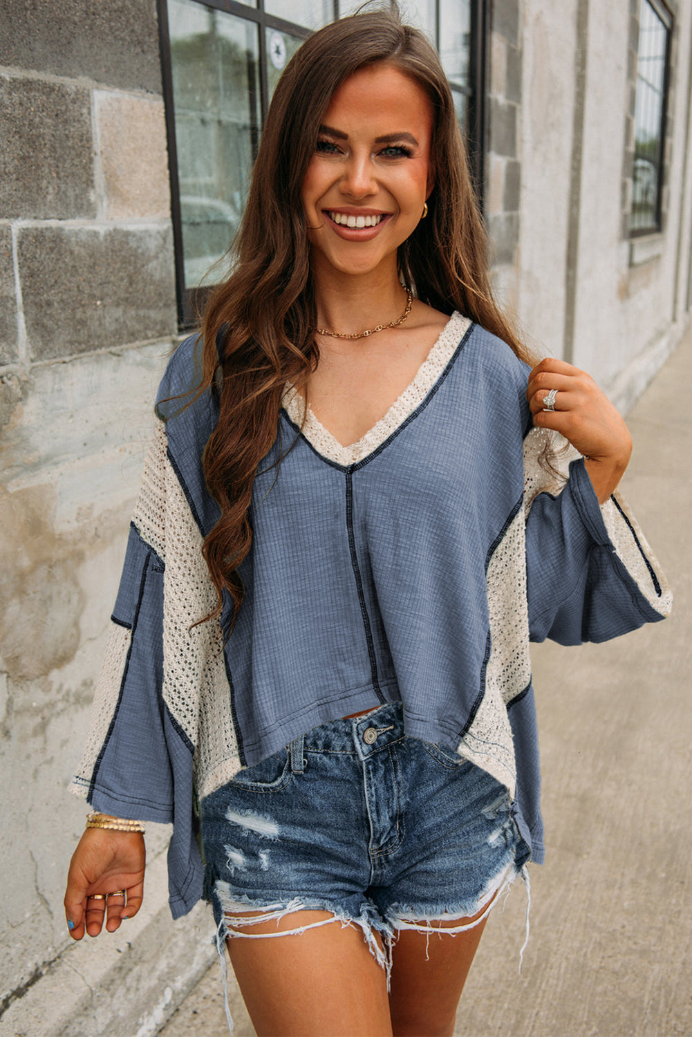 Crochet Detail Exposed Seam High Low Loose Top