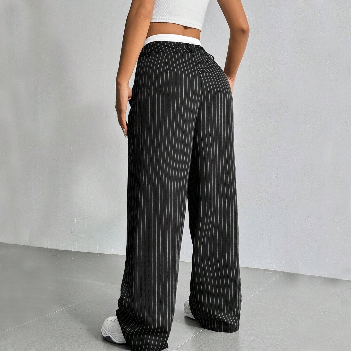 Pinstriped High Waist Straight Leg Trousers