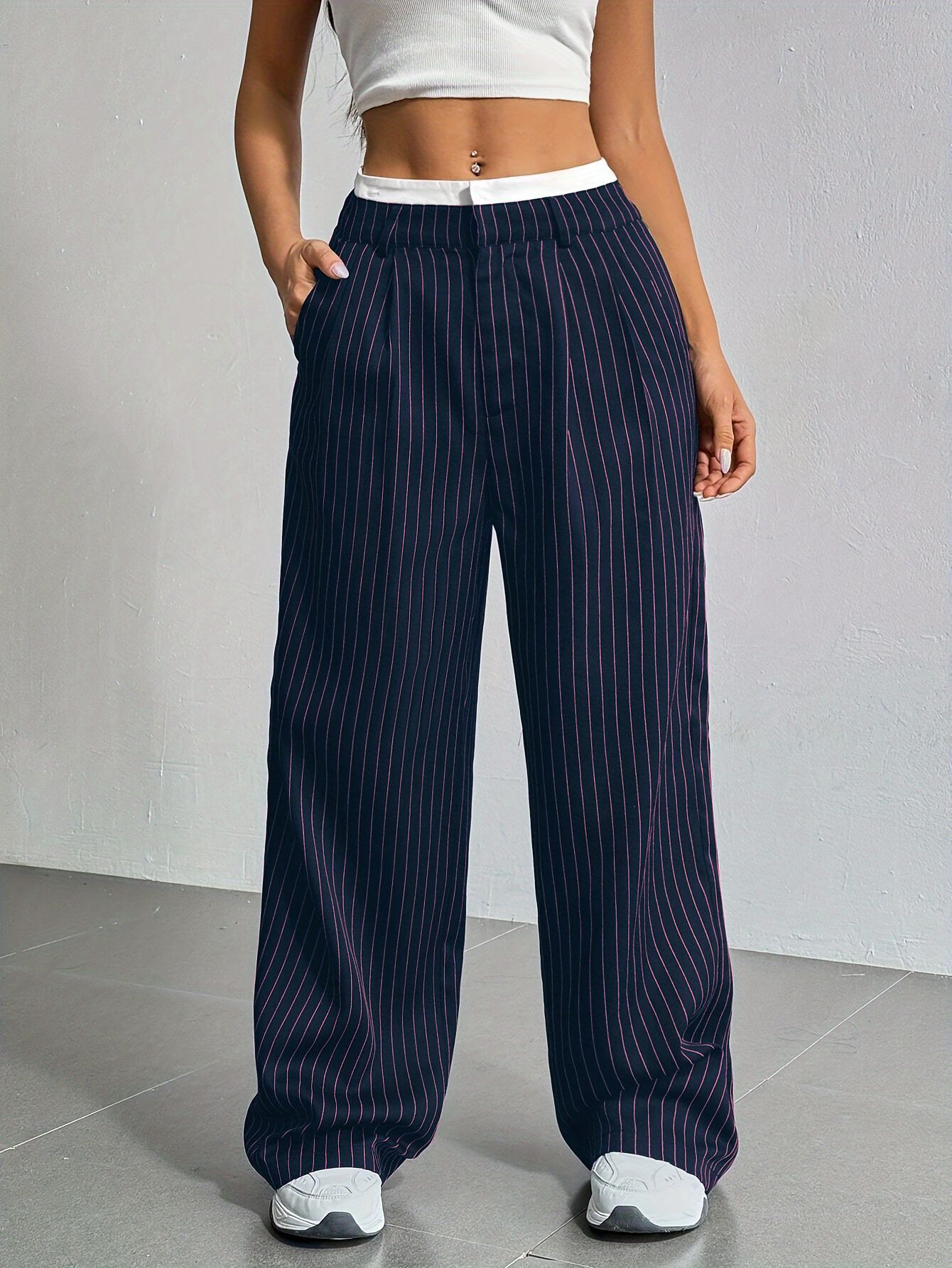 Pinstriped High Waist Straight Leg Trousers