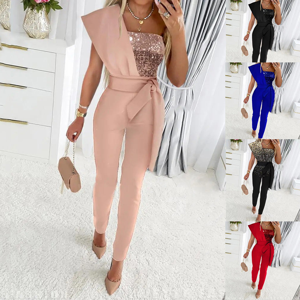 Slim-fitting Sequin Jumpsuit with Sash