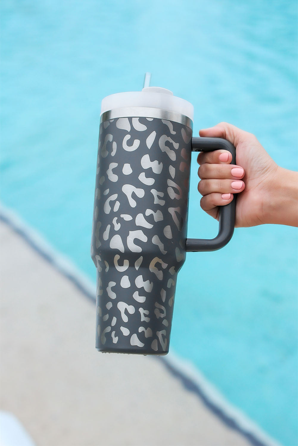 Grey Leopard Print 40OZ Stainless Steel Portable Cup with Handle