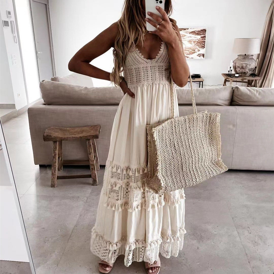 Casual Lace Panel Sleeveless Long Dress