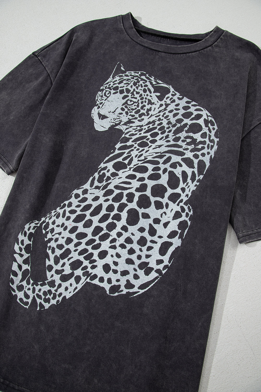 Medium Grey Vintage Cheetah Printed Mineral Wash Graphic Top