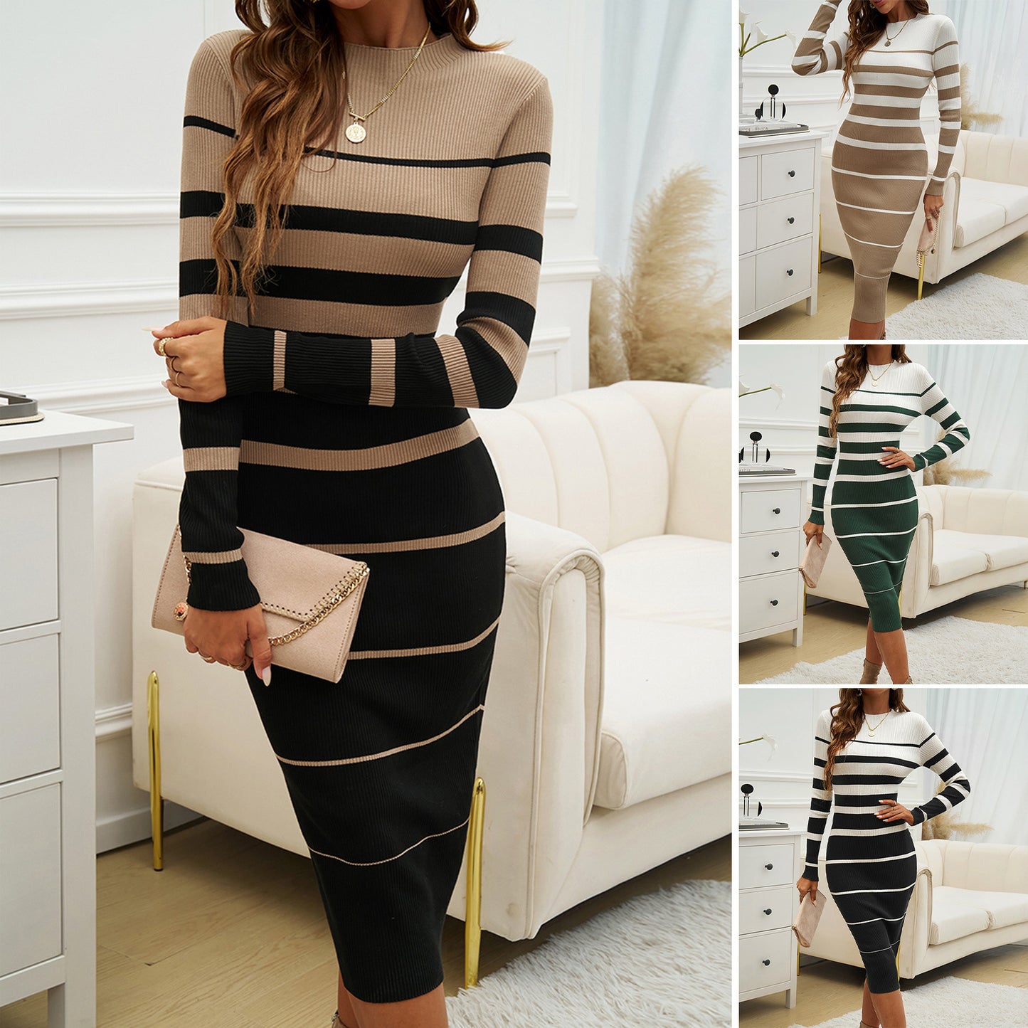 Slim-fit Contrast Colours Long Sleeve Dress