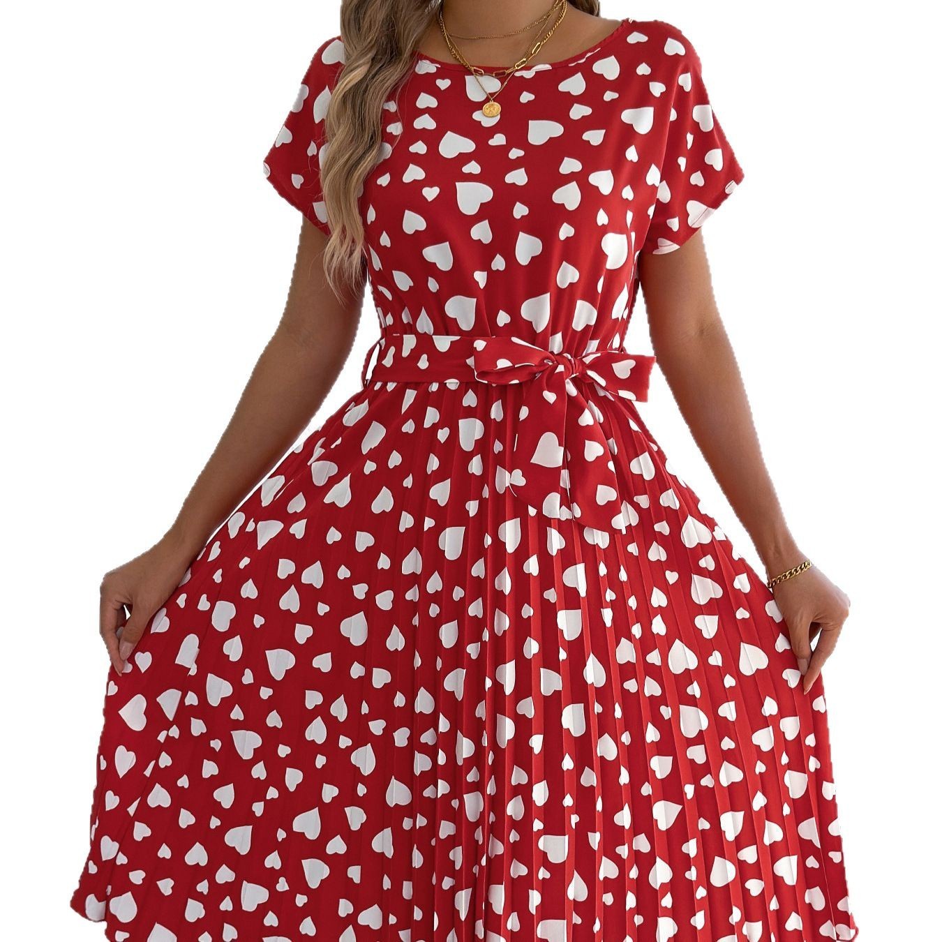 Love Heart Short Sleeve Waist-controlled Pleated Dress