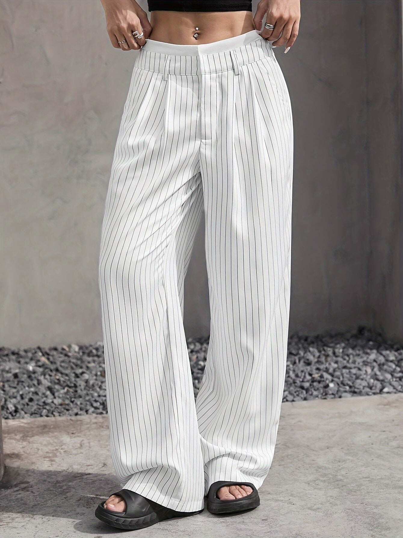 Pinstriped High Waist Straight Leg Trousers