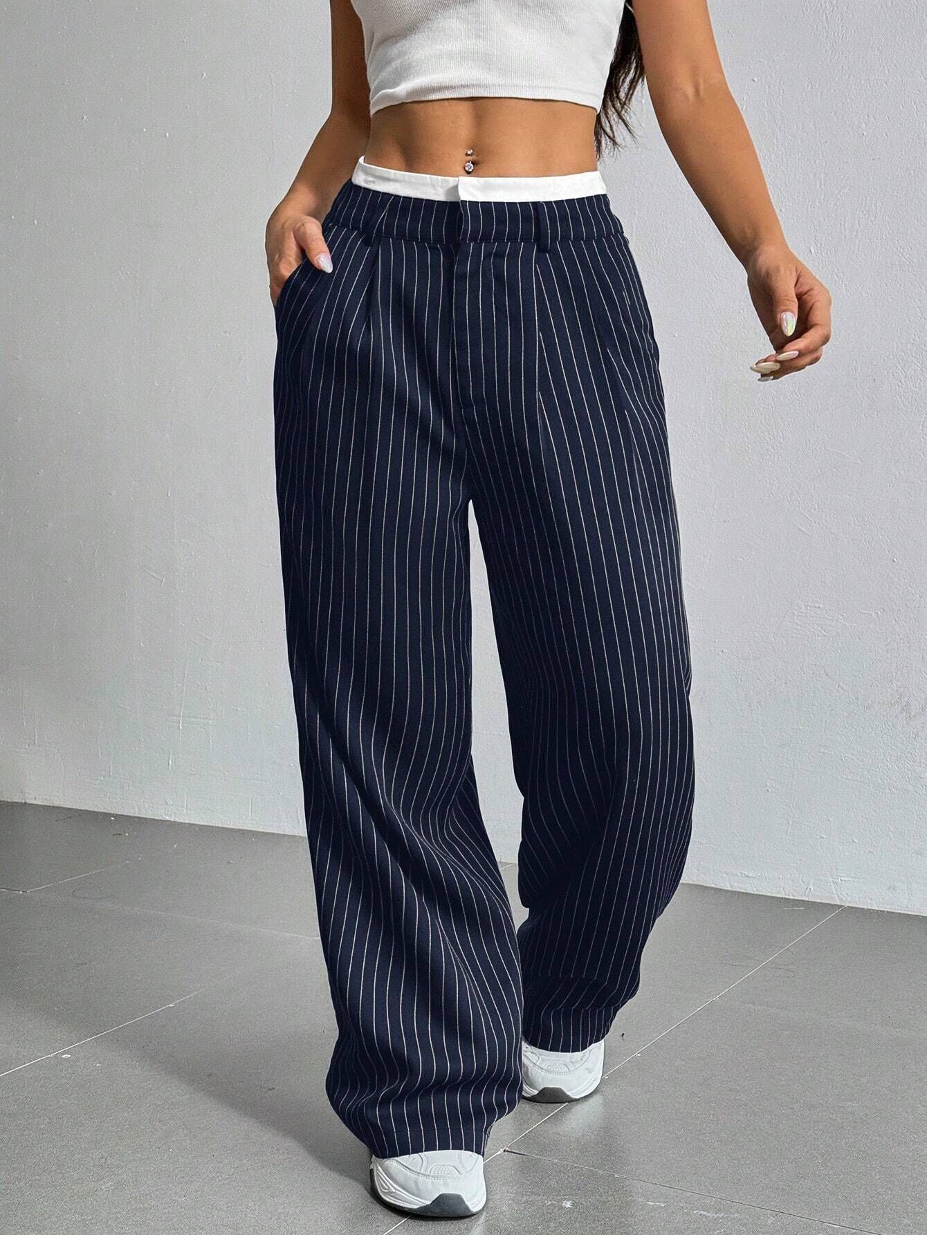 Pinstriped High Waist Straight Leg Trousers