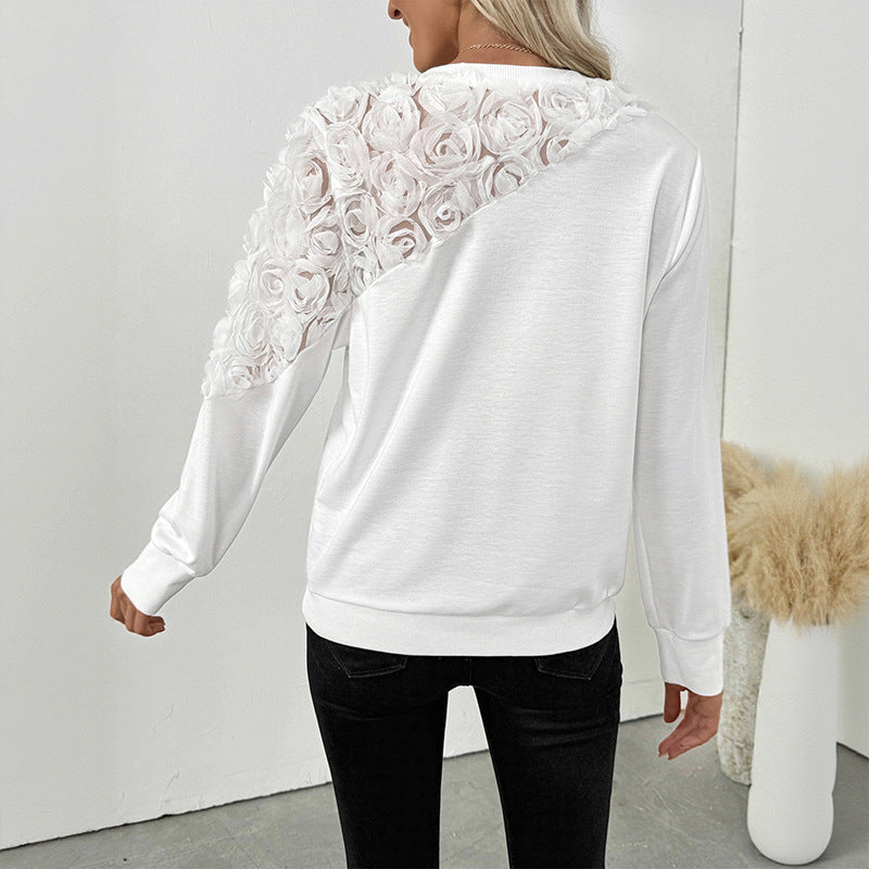 White Rose Three-dimensional Decorative Long Sleeve Top