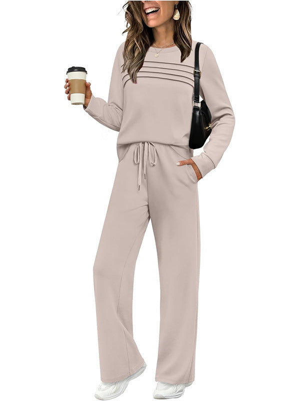 Casual Rib Pattern Top & Wide-leg Pants Set