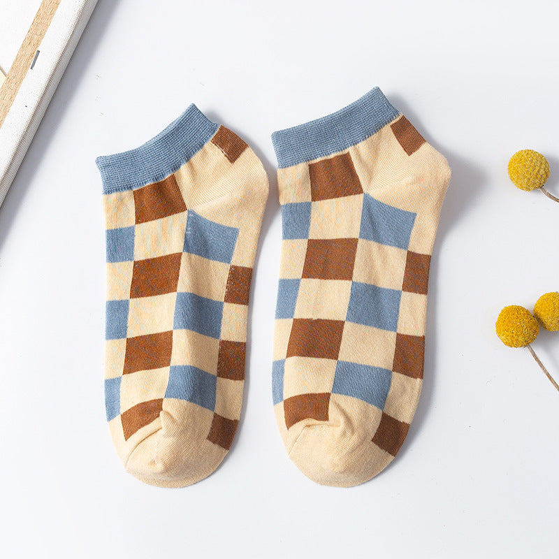 Plaid Sweet Blue Boat Socks Cotton College