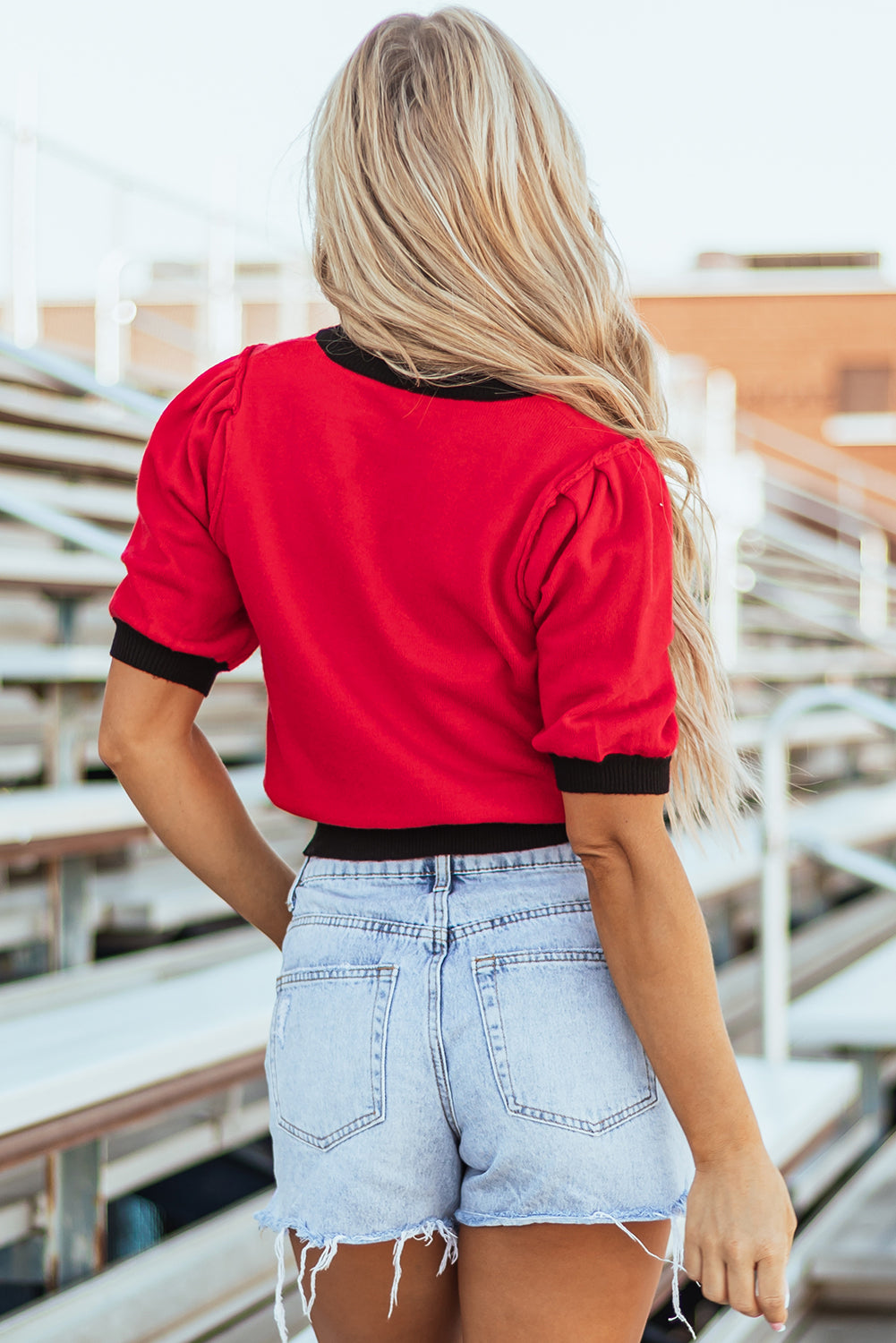 Sequin Rugby Colour Block Puff Short Sleeve Sweater
