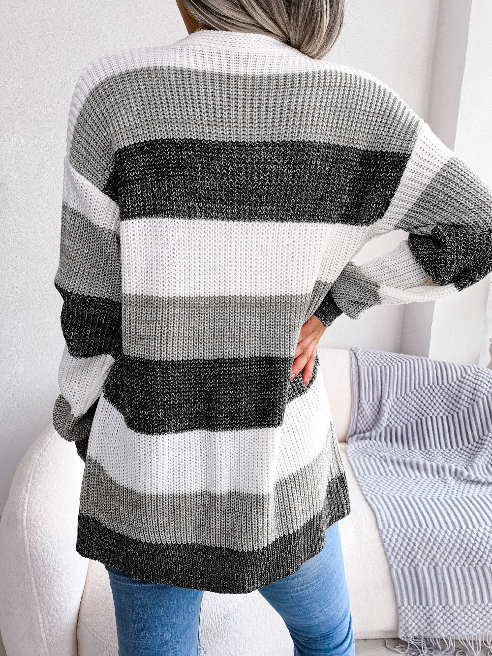 Striped Casual Lantern Sleeves Cardigan