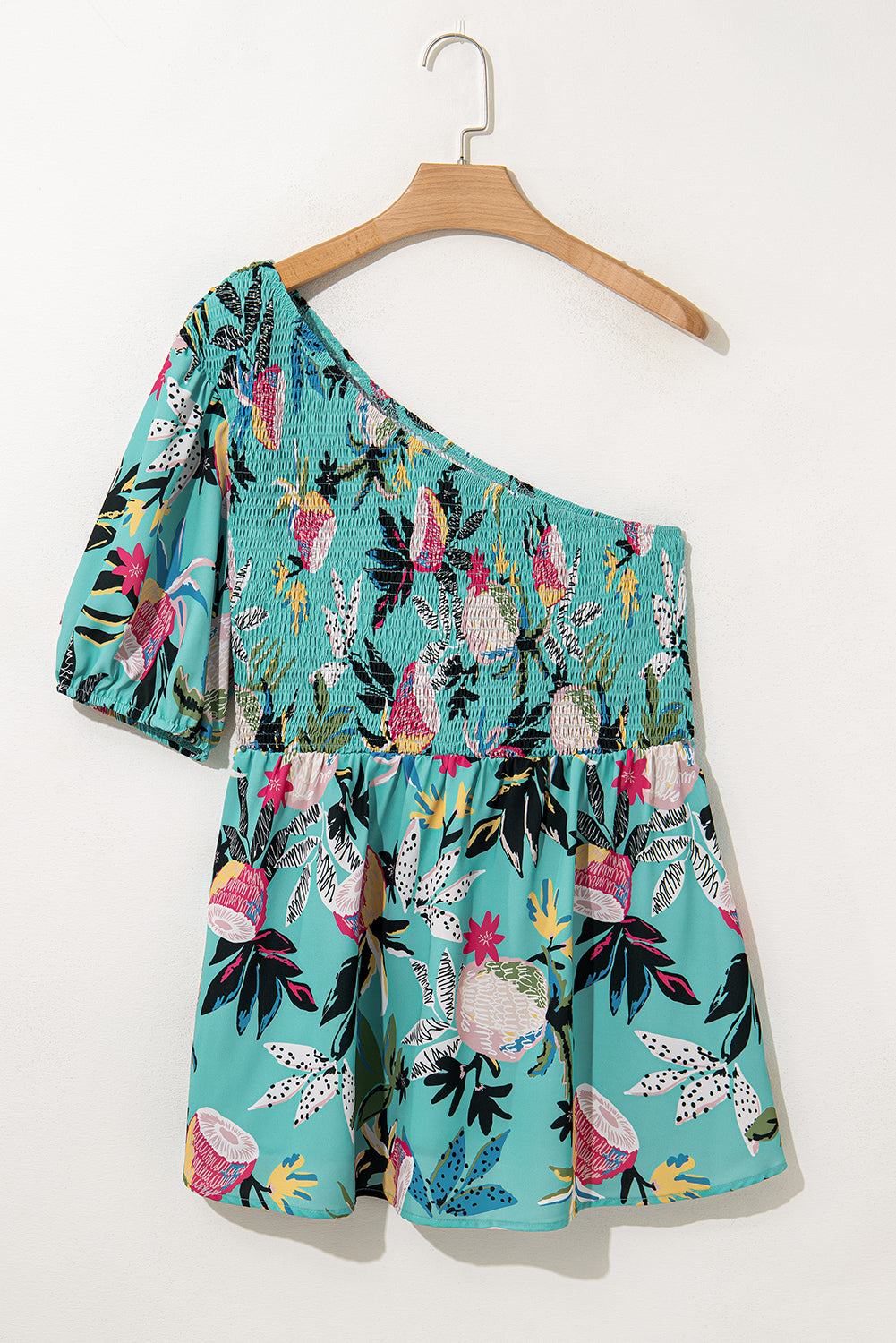 Curve Green Floral Smocked Bodice Single Puff Short Sleeve Babydoll Blouse