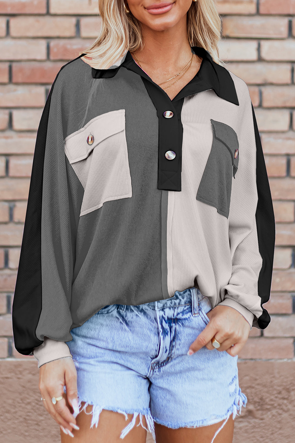 Colourblock Ribbed Collared Oversized Sweatshirt