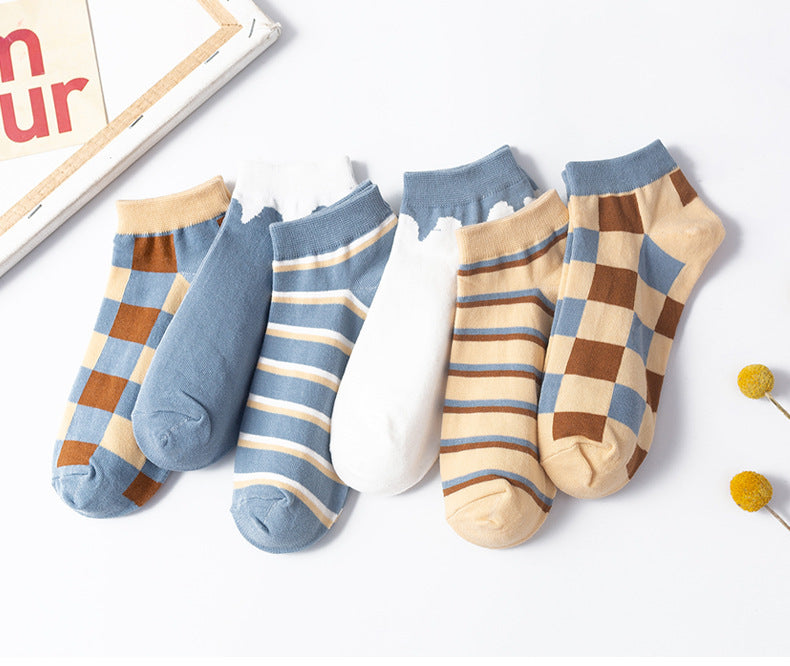 Plaid Sweet Blue Boat Socks Cotton College