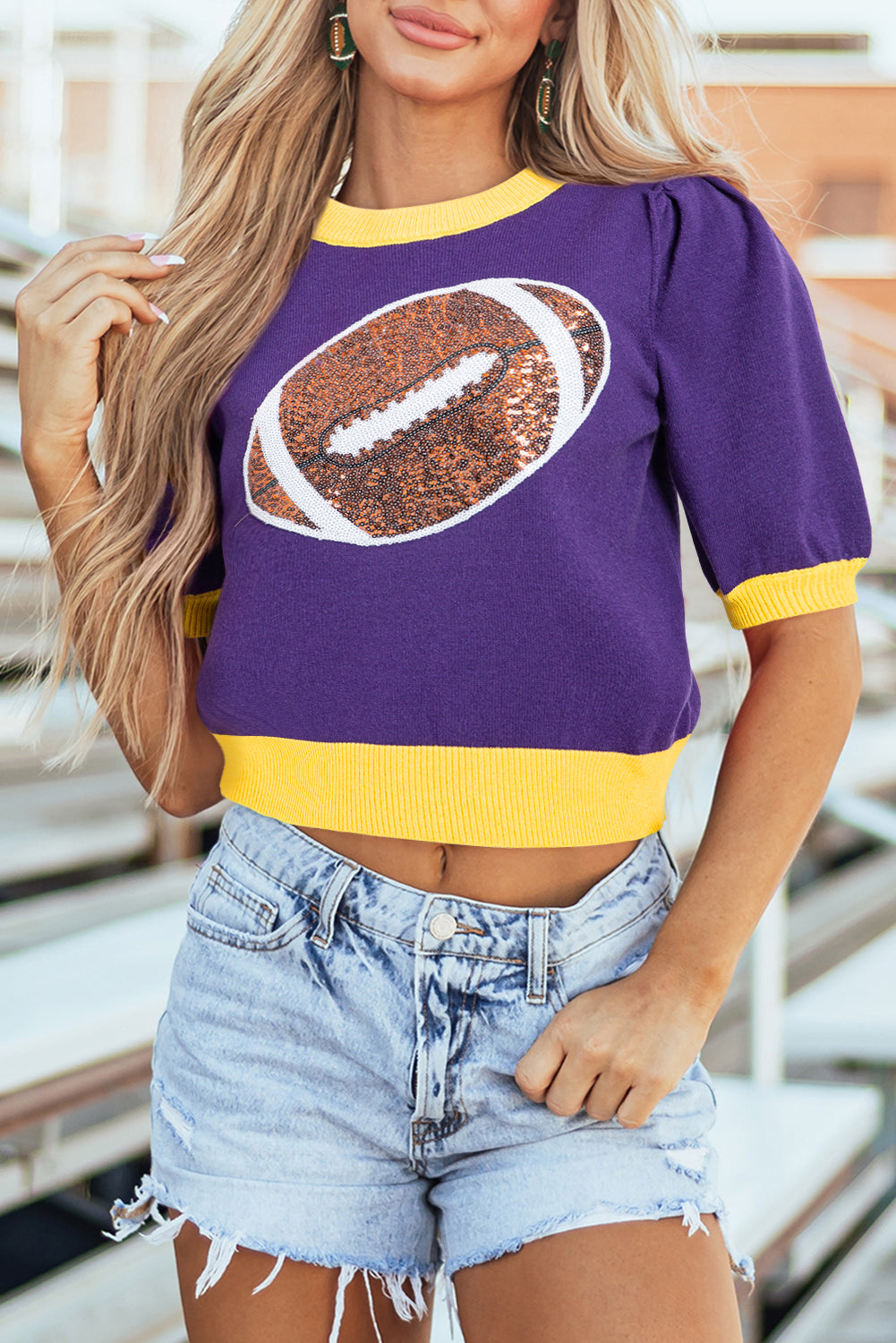Sequin Rugby Colour Block Puff Short Sleeve Sweater