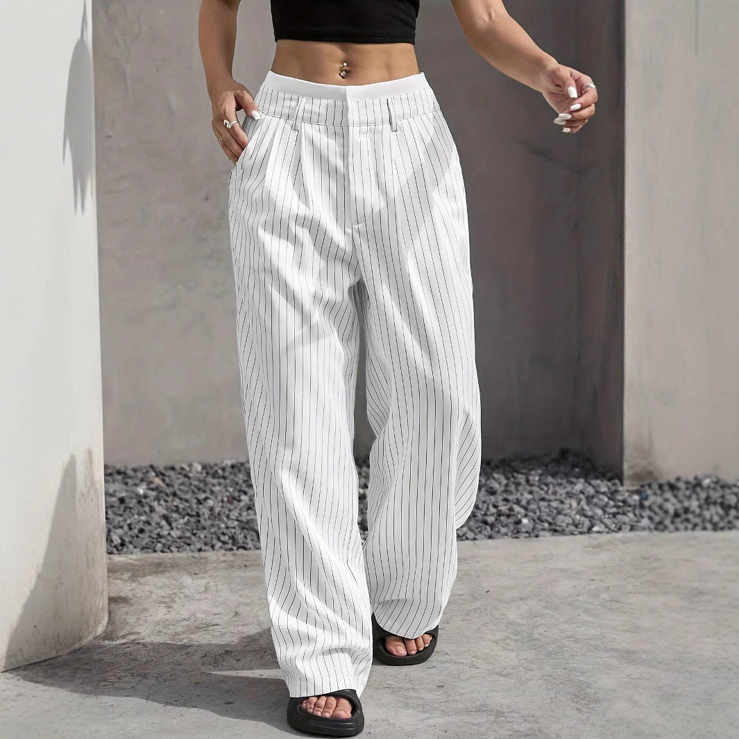 Pinstriped High Waist Straight Leg Trousers