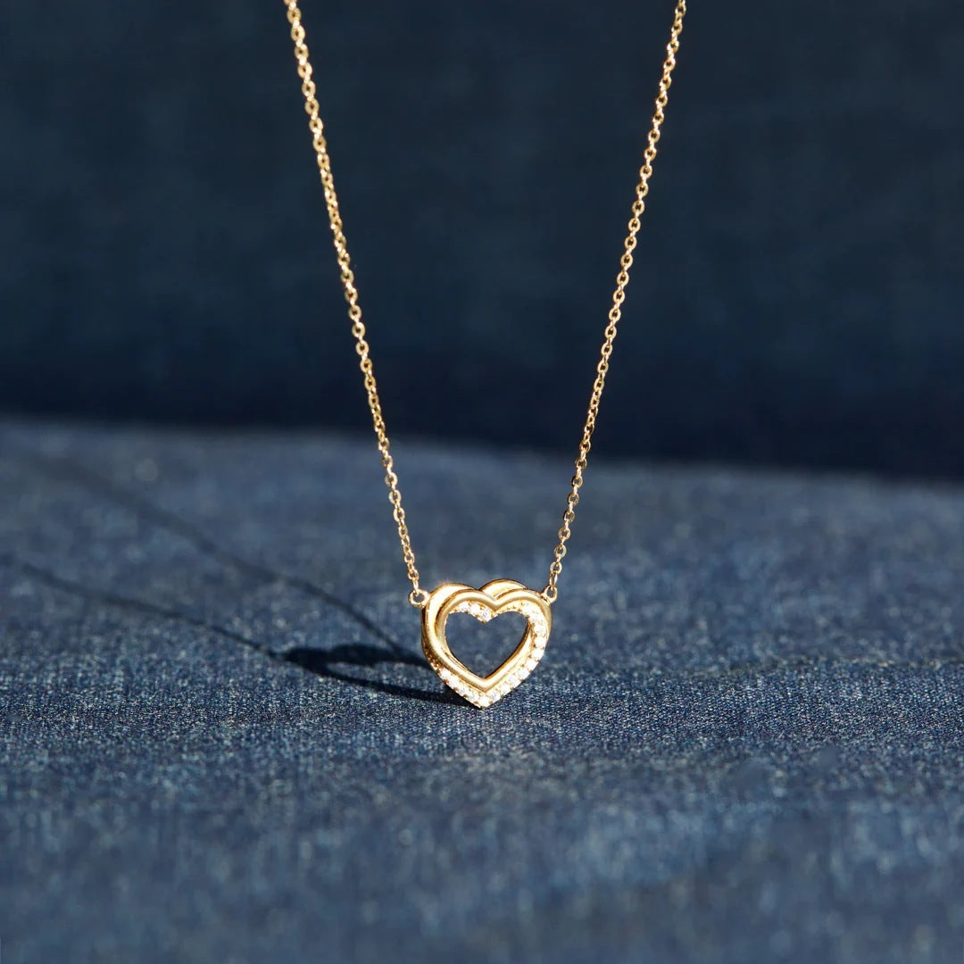 S925 Sterling Silver Overlapping Double Hollow Heart Necklace