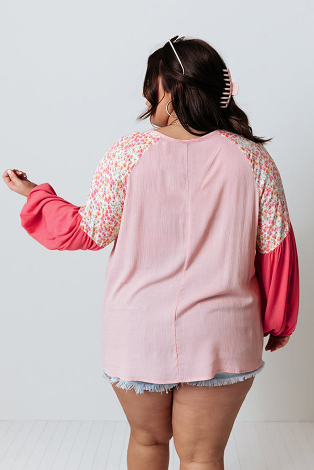 Curve Pink Contrast Floral Patchwork Long Sleeve Blouse
