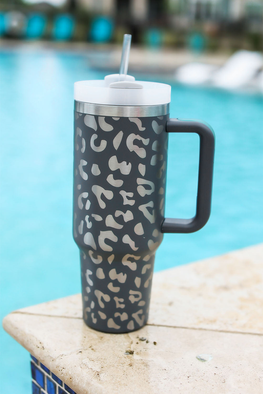 Grey Leopard Print 40OZ Stainless Steel Portable Cup with Handle